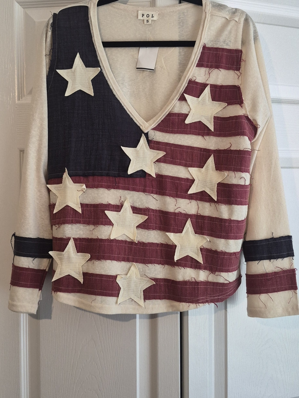 POL V-Neck Americana Star Patch Sweatshirt - Cream, Navy & Red